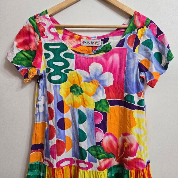 Jams World Vtg 90s Boho Maximalist Dopamine Hawaiian Floral Hattie Tier Dress S - Picture 2 of 8